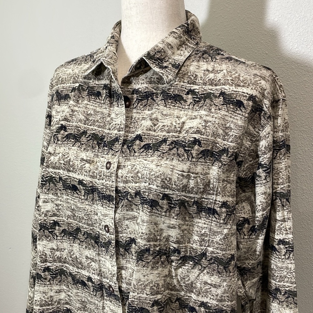 Vtg Running Horses Corduroy Chamois Flannel Button Up Shirt Top Tan/Black Large